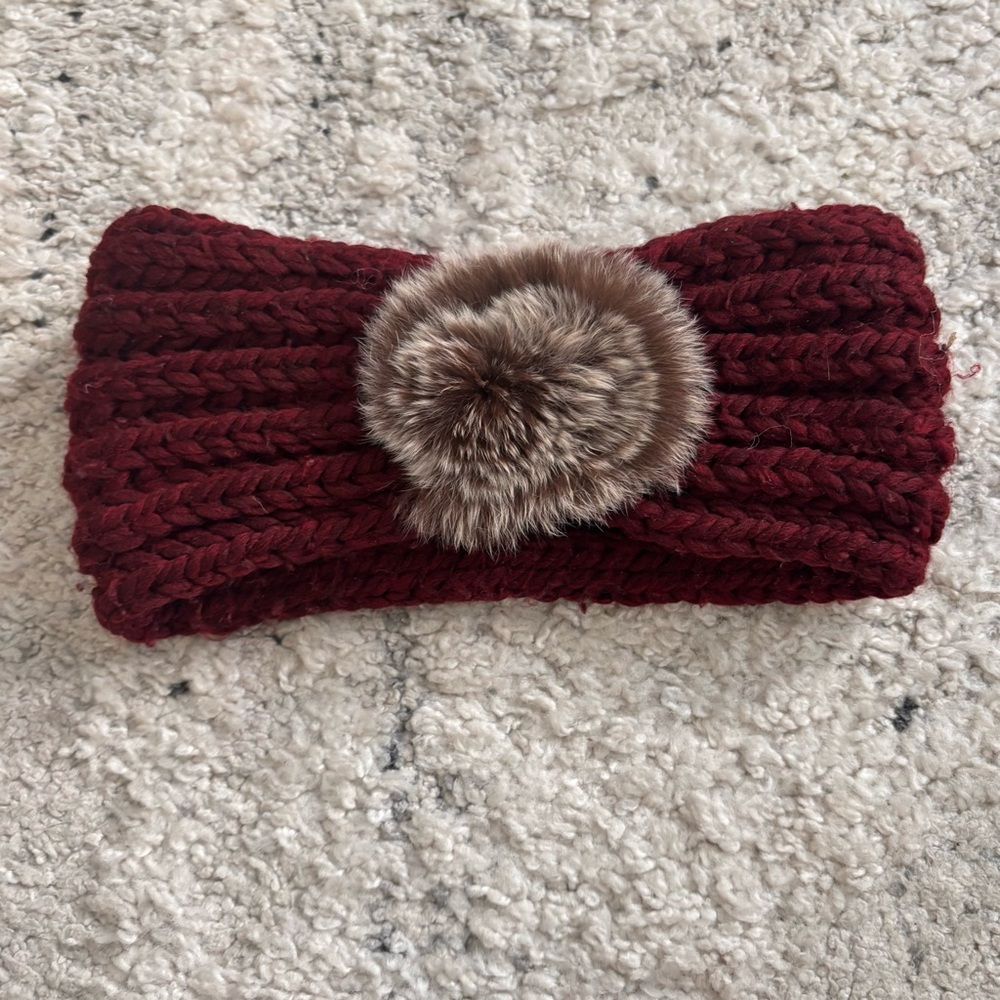 Elegant Burgundy Knit Headband with Faux Fur Pom